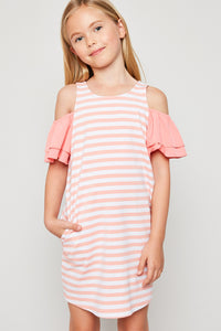 G6147 PINK Cold-Shoulder Stripe Dress Front