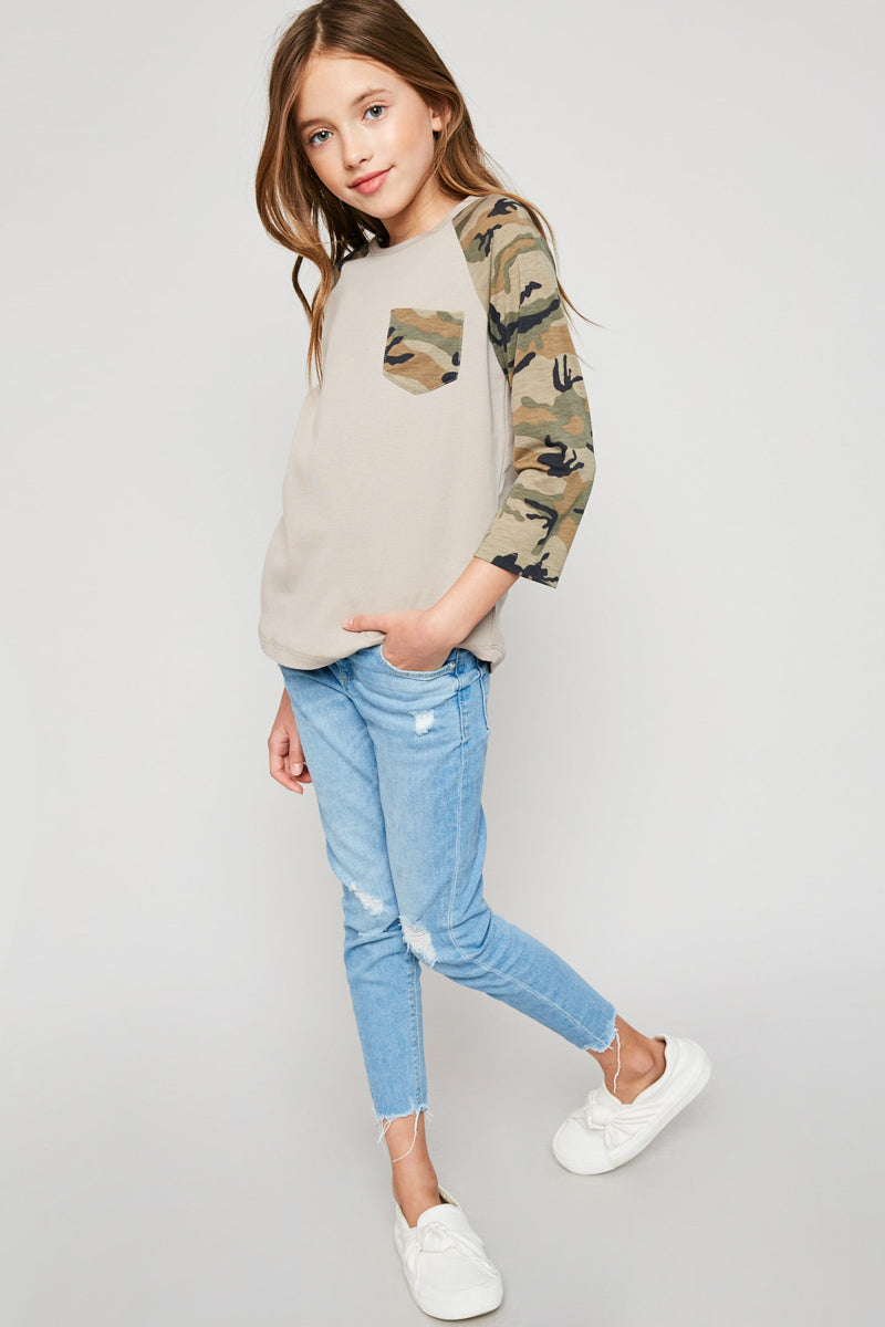 G6159 TAUPE Long Sleeve Camo Baseball Tee Front