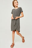 G6266-BLACK Stripe Jersey Knit Overlay Mini Shirt Dress Front