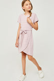 G6266-PINK Stripe Jersey Knit Overlay Mini Shirt Dress Front
