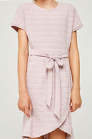 G6266-PINK Stripe Jersey Knit Overlay Mini Shirt Dress Front Detail