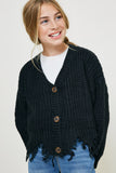 G6279 Black Girls Distressed Hem Button-Down Cropped Cardigan Front