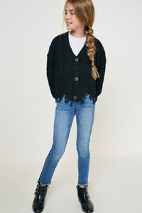 G6279 Black Girls Distressed Hem Button-Down Cropped Cardigan Full Body