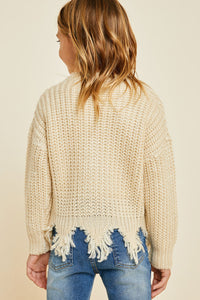 G6279 Cream Girls Distressed Hem Button-Down Cropped Cardigan Back