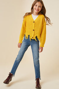 G6279 Honey Girls Distressed Hem Button-Down Cropped Cardigan Back
