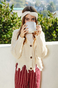 G6279 CREAM Girls Distressed Hem Button-Down Cropped Cardigan Front