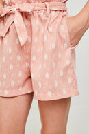 G6362-INDIAN PINK Printed Paperbag Tie Shorts Front Detail