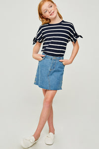 G6415-NAVY Stripe Tie-Sleeve T-Shirt Alternate Angle