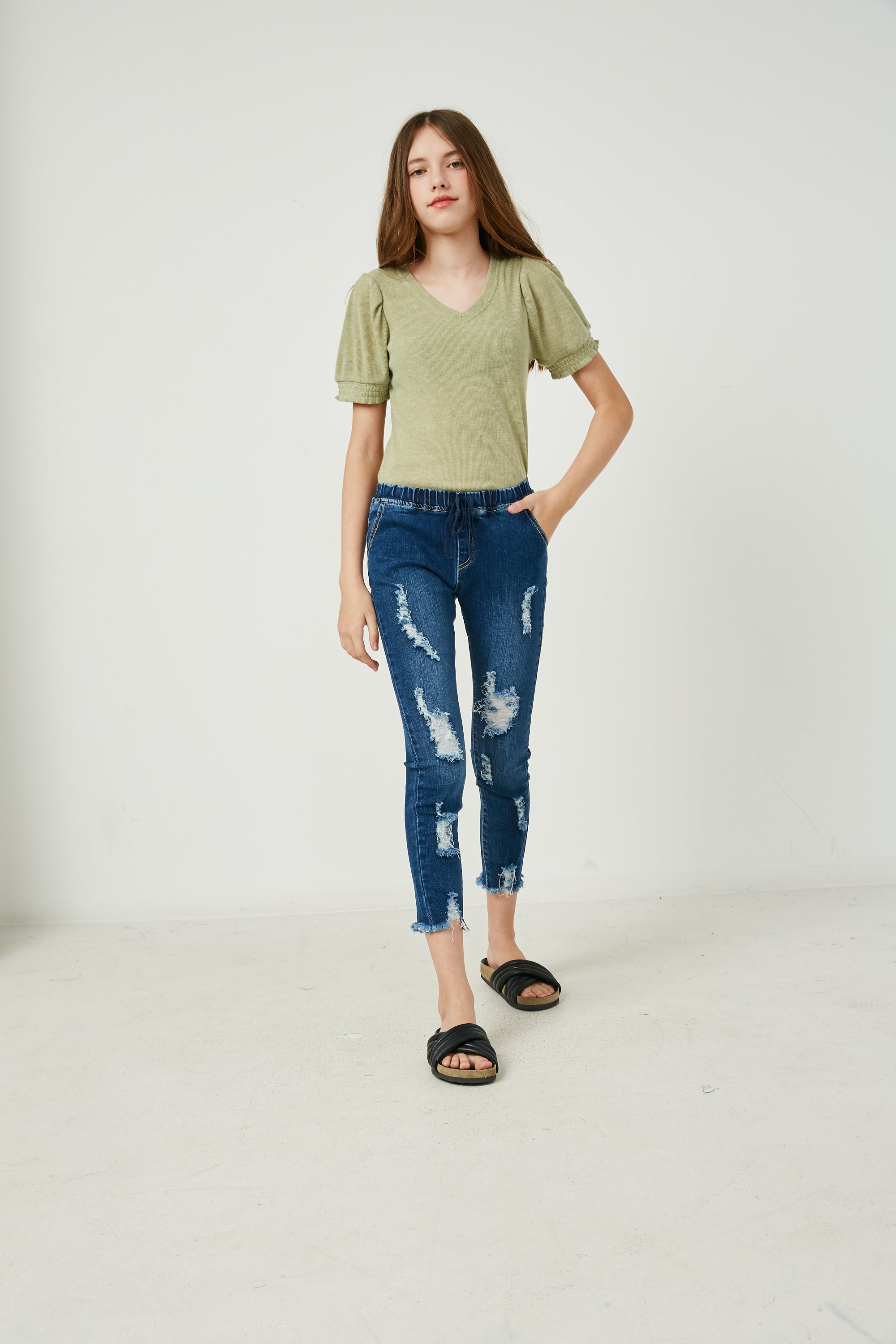 G6423-DK DENIM Distressed Drawstring Denim Jeans Full Body