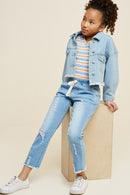 G6423-MID DENIM Distressed Drawstring Denim Jeans Front