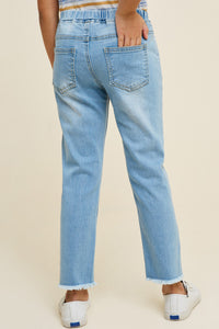 G6423-MID DENIM Distressed Drawstring Denim Jeans Back