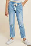 G6423-MID DENIM Distressed Drawstring Denim Jeans Alternate Angle