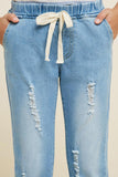 G6423-MID DENIM Distressed Drawstring Denim Jeans Front Detail