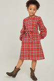 G6433-RED Plaid Button-Down Midi Dress Front