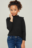 G6452-BLACK Ribbed Ruffle Mock Neck Long Sleeve Top Front