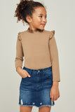 G6452-CHESTNUT Ribbed Ruffle Mock Neck Long Sleeve Top Front