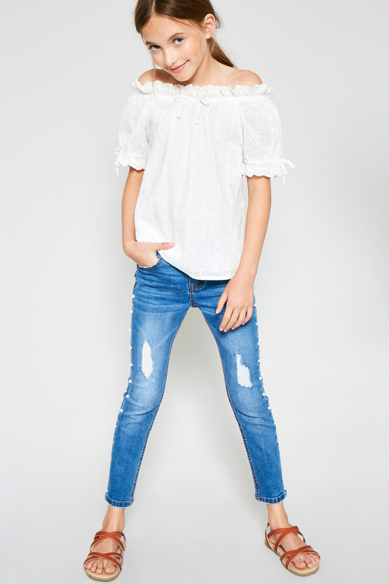 Eyelet Off-Shoulder Ruffle Trim Top