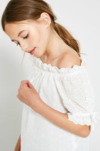 G6520 Off White Girls Eyelet Off-Shoulder Ruffle Trim Top Detail