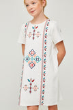G6559 Off White Girls Embroidered Stitch Detail Shift Dress Close Up