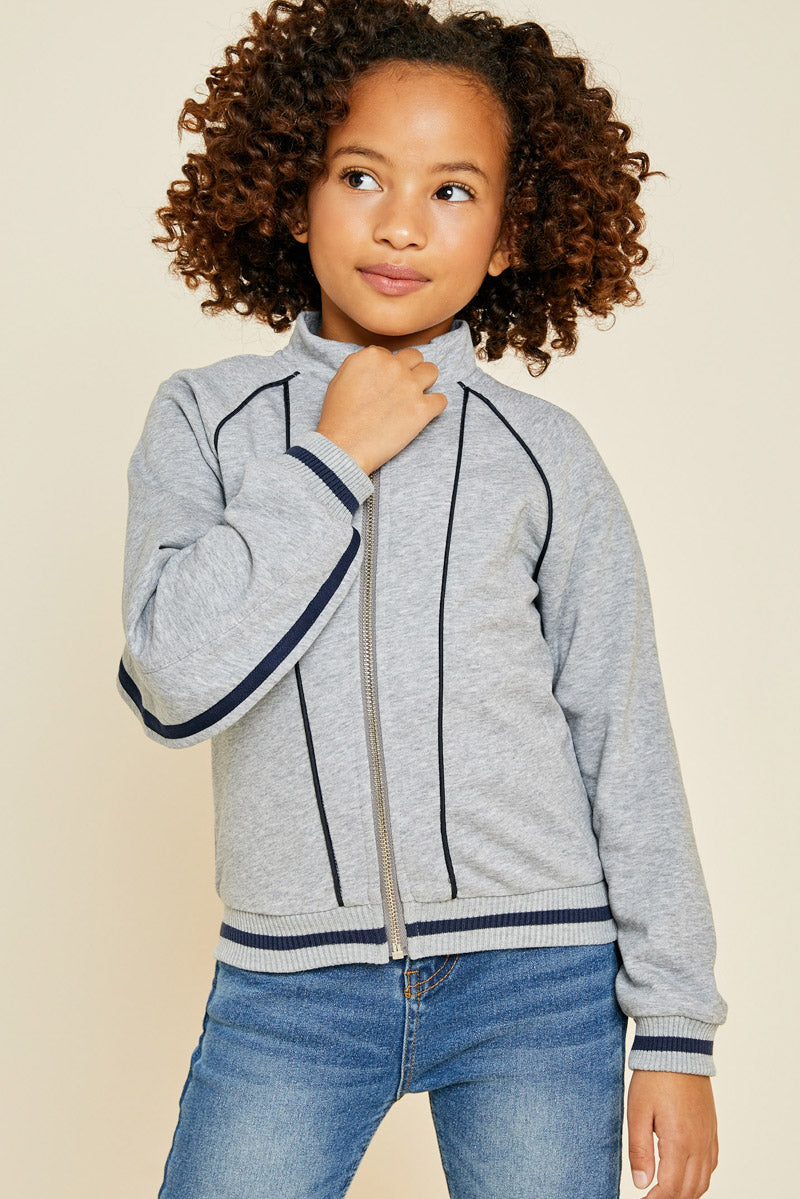 G6658-H.GREY Ruffle Mock Neck  Zip-Up Jacket Alternate Angle