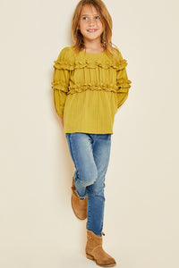 G6835 Avocado Girls Textured Ruffle Front Top Full Body