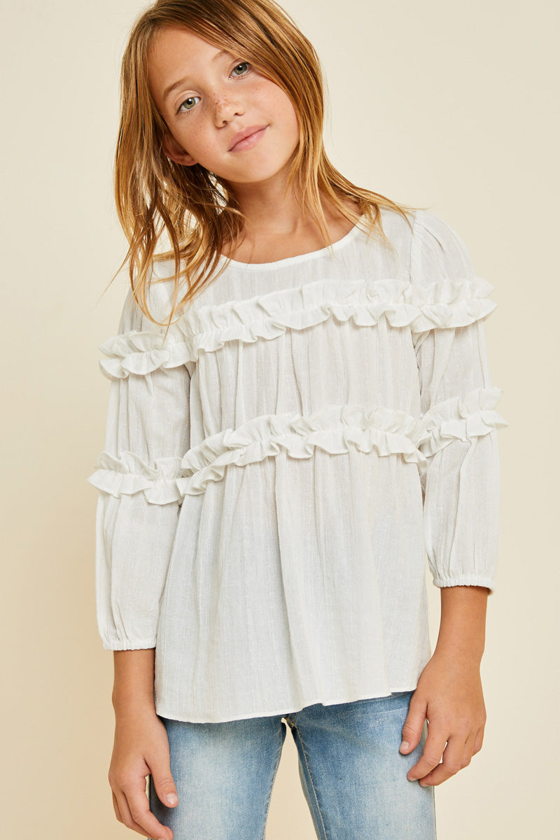 G6835-OFF WHITE Textured Ruffle Front Top Front 2