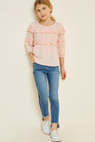 G6835-PEACH Textured Ruffle Front Top Front