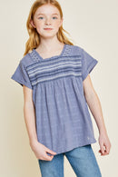 G6874 Dark Blue Girls Embroidered Smocked Top Front