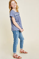 G6874 Dark Blue Girls Embroidered Smocked Top Side