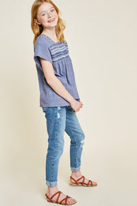 G6874 Dark Blue Girls Embroidered Smocked Top Side