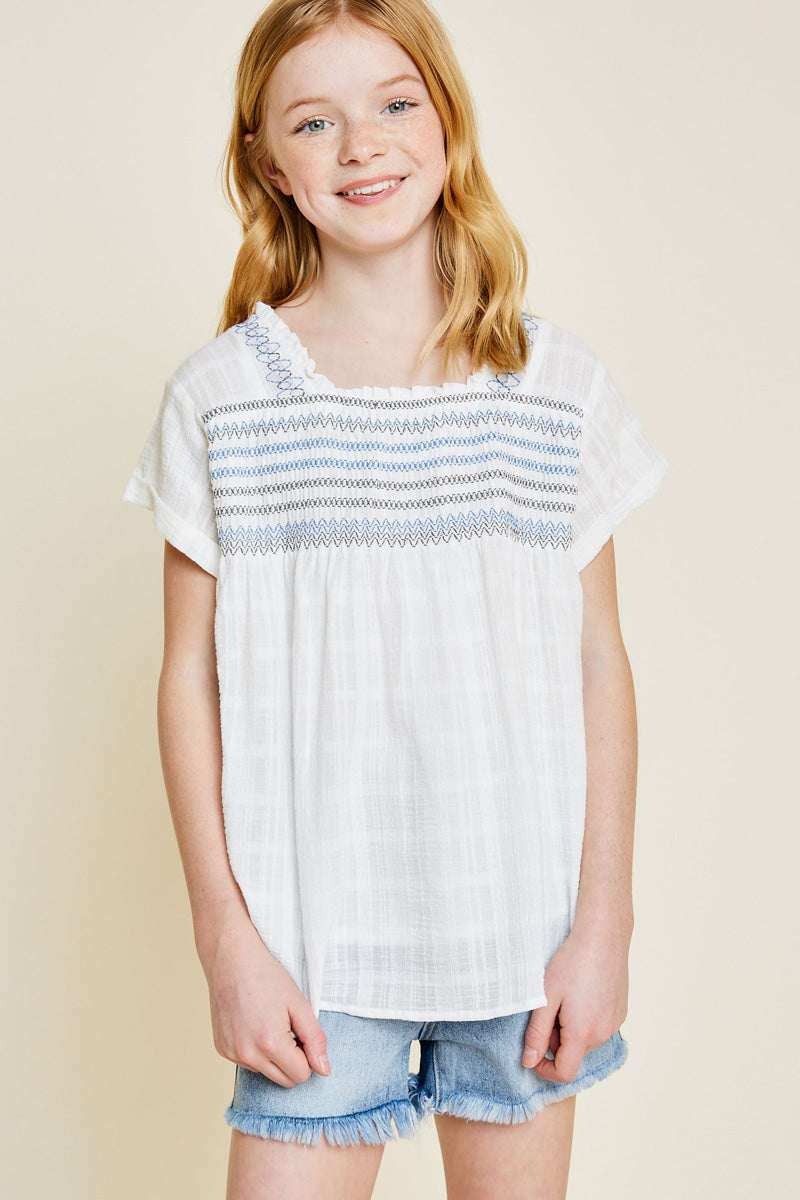 G6874 Off White Girls Embroidered Smocked Top Front