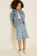 G6907-DENIM Frayed Denim Trucker Jacket Front