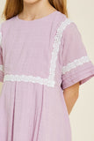 G6925-LAVENDER Crochet Mini Babydoll Dress Front Detail