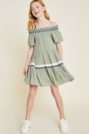 G6979-OLIVE Off-Shoulder Tiered Mini Tunic Front