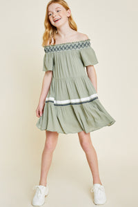 G6979-OLIVE Off-Shoulder Tiered Mini Tunic Front