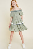 G6979-OLIVE Off-Shoulder Tiered Mini Tunic Front