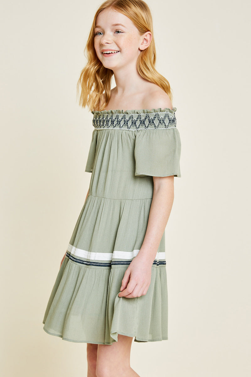 G6979-OLIVE Off-Shoulder Tiered Mini Tunic Alternate Angle