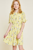G7020-YELLOW MIX Floral Tie-Sleeve Mini Babydoll Dress Front