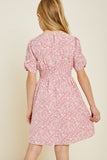 G7057-PINK MIX Floral Smocked Mini Babydoll Dress Back Angle