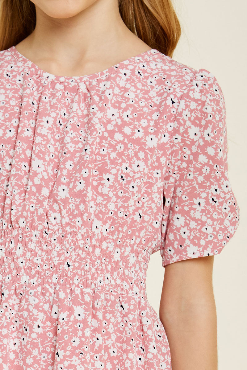 G7057-PINK MIX Floral Smocked Mini Babydoll Dress Alternate Angle