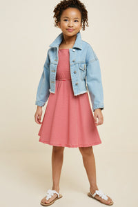 G7086-RED MIX Stripe Ruffle Sleeve Mini Swing Dress Alternate Angle