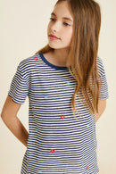 G7113-NAVY MIX Stripe Embroidered Flower High-Low T-Shirt Front