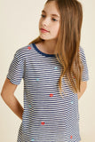 G7113-NAVY MIX Stripe Embroidered Flower High-Low T-Shirt Front