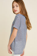 G7113-NAVY MIX Stripe Embroidered Flower High-Low T-Shirt Back