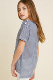 G7113-NAVY MIX Stripe Embroidered Flower High-Low T-Shirt Back