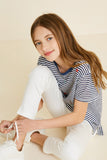 G7113-NAVY MIX Stripe Embroidered Flower High-Low T-Shirt Sitting