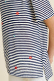G7113-NAVY MIX Stripe Embroidered Flower High-Low T-Shirt Front Detail