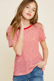 G7113-RED MIX Stripe Embroidered Flower High-Low T-Shirt Front