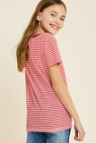 G7113-RED MIX Stripe Embroidered Flower High-Low T-Shirt Back