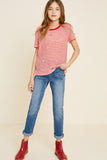 G7113-RED MIX Stripe Embroidered Flower High-Low T-Shirt Full Body